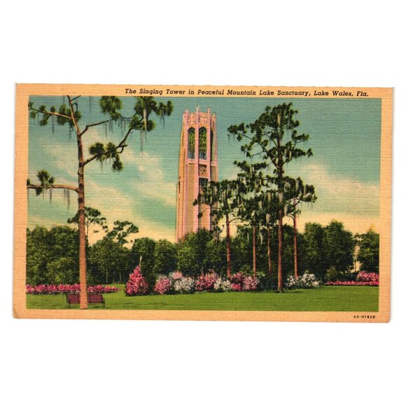 Vintage Postcard Singing Tower Peaceful Mountain Lake Sanctuary Lake Wales FL - Picture 1 of 2